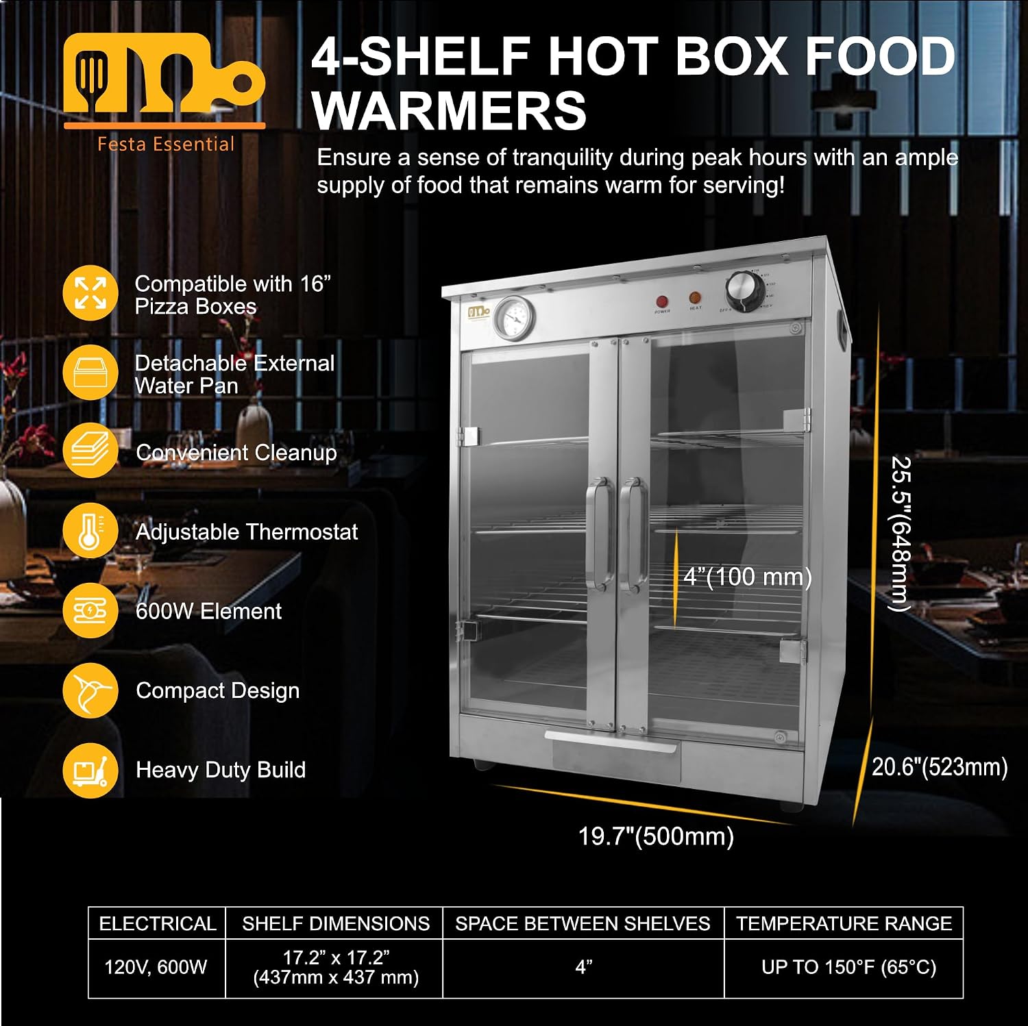 4-Shelf Electric Hot Box Food Warmer, Fits up to (8) 16' Pizza Boxes, Countertop Heated Holding Cabinet for Pretzels, Warming Machine for Home Commercial Use, w/Water Drawer, 120V 600W