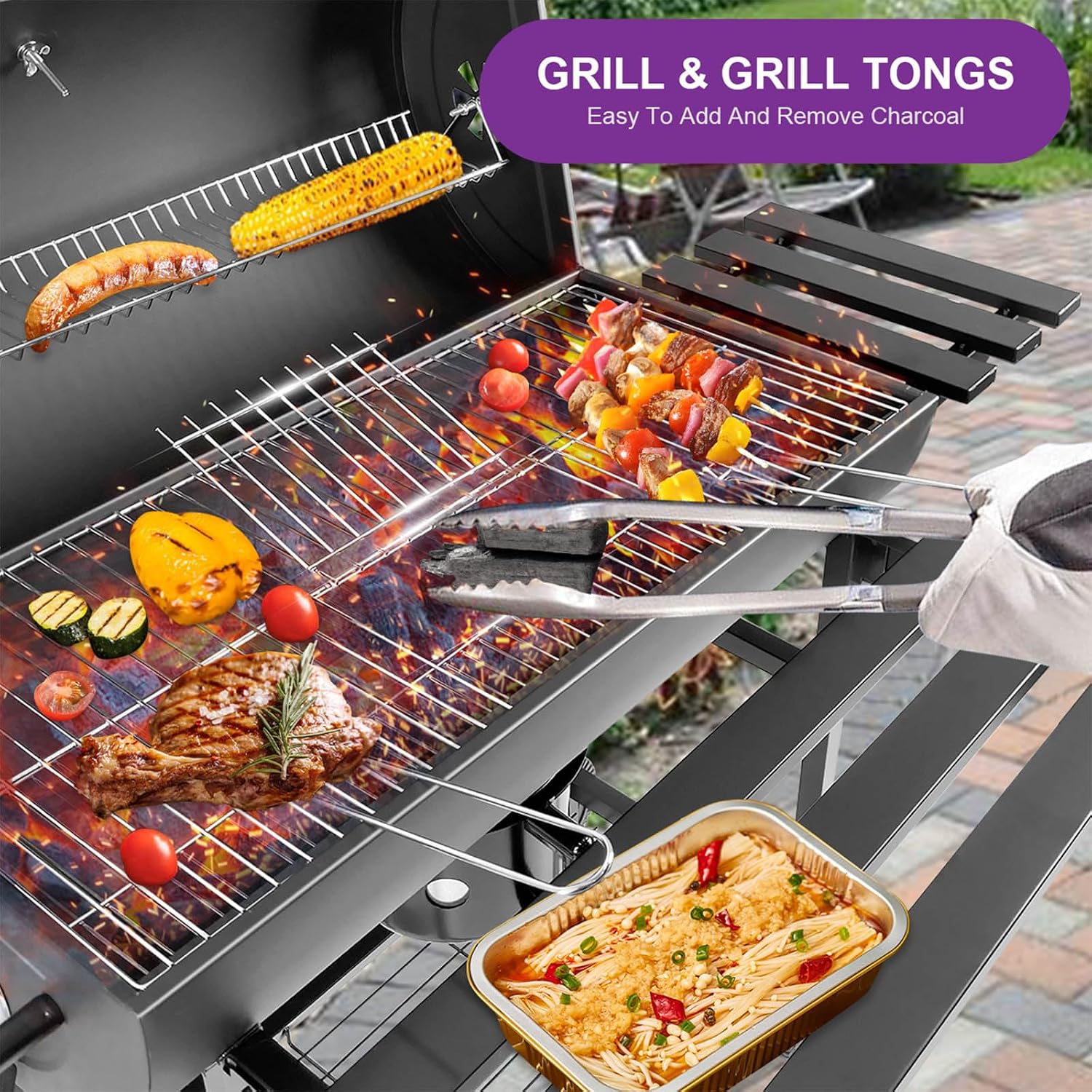 Charcoal BBQ Grill with Thermometer & Foldable Side Table, 565 sq in Cooking Space Large Charcoal Grills, Barrel Charcoal Grills for Backyards Picnic Cookouts