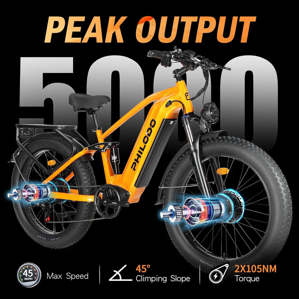 Electric Bike for Adults, 5000𝕨 Dual Motor E-Bike, 60V 32AH Long Range Dirt Bike, Fat Tire Hunting Ebike for All Terrain, Full Suspension Electric Bicycle
