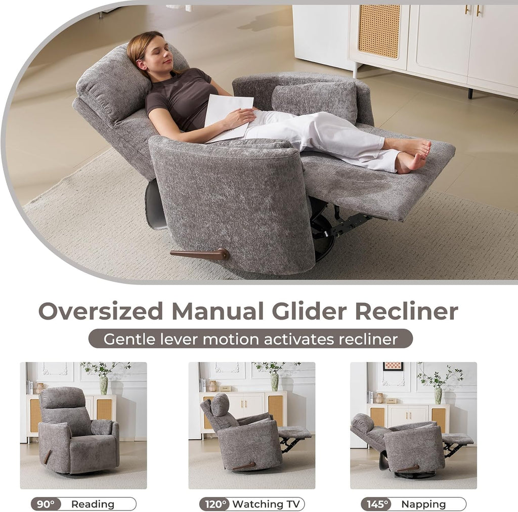 Oversized Swivel Rocker Recliner with Massage and Heat, Swivel Nursery Recliner With Adjustable Headrest, Manual Rocker Recliner Chair with Two Removable Pillows, Rocking Nursery Chair, Dark Grey