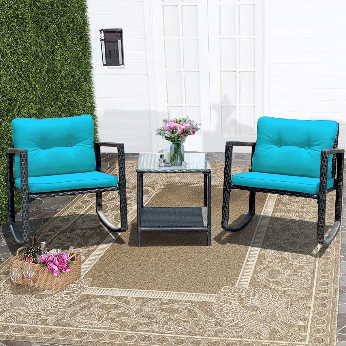 Tangkula 3 Pieces Patio Wicker Rocking Bistro Set, Outdoor Rocking Chair Furniture Set w/Cushioned Seat, Conversation Set w/Glass Coffee Table and Storage Shelf (Turquoise)