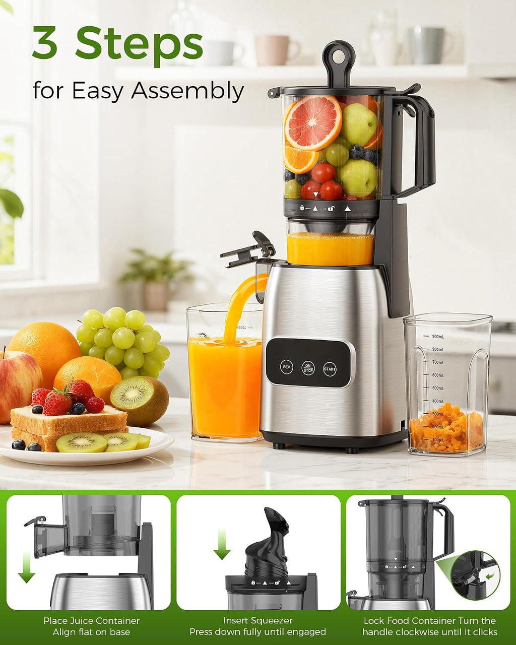 COWSAR Cold Press Juicer, Advanced Touch Controls Juicer Machines with 5.4' Wide Feed Chute, Quiet Motor High Juice Yield Slow Masticating Juicer for Whole Fruits & Vegetables