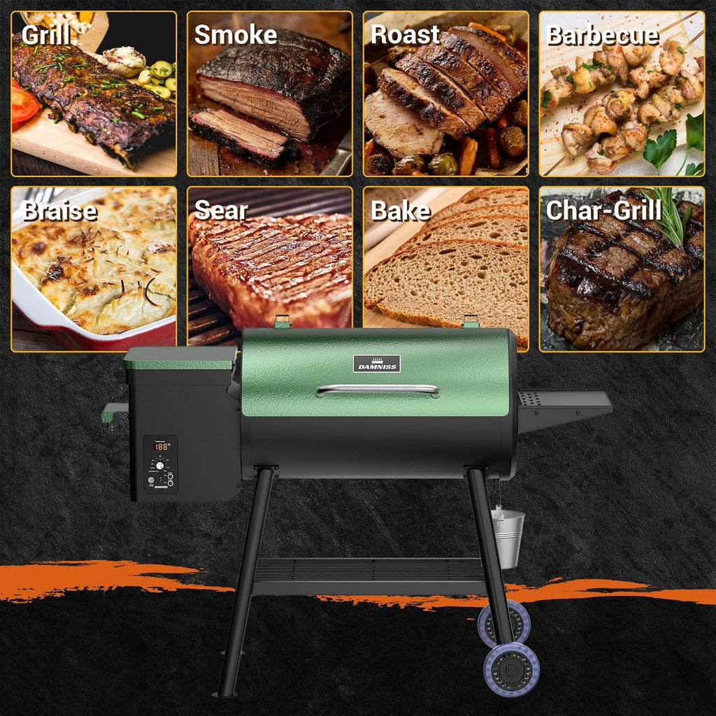Electric Pellet Smoker Grill 565 SQ.IN Cook Area Pellet Smoker with Auto Feed & PID Controller 500°F Max Temperature 8 in 1 BBQ Grill with Meat Probe & Side Table with Hooks Perfect for Outdoor BBQ