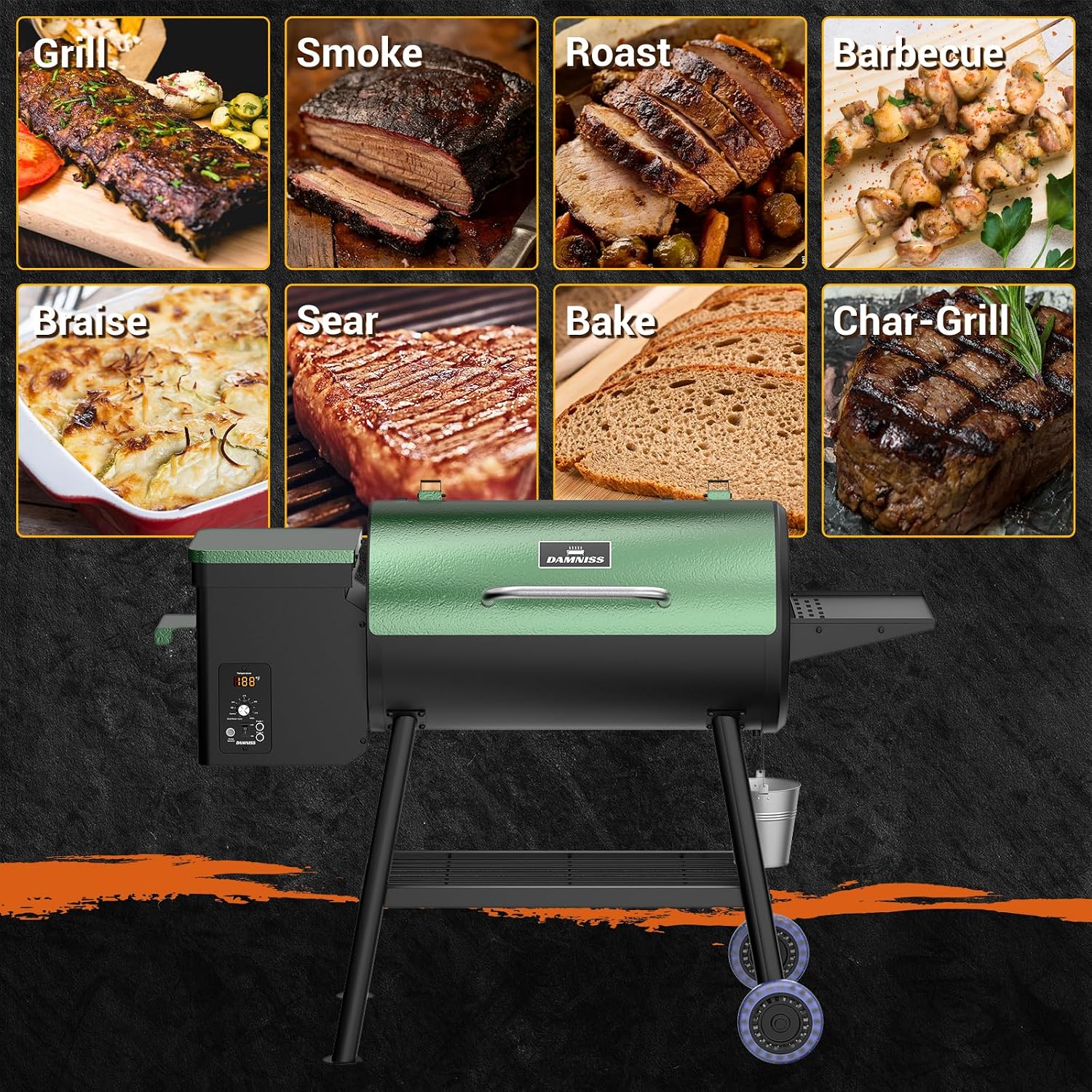 Electric Pellet Smoker Grill 565 SQ.IN Cook Area Pellet Smoker with Auto Feed & PID Controller 500°F Max Temperature 8 in 1 BBQ Grill with Meat Probe & Side Table with Hooks Perfect for Outdoor BBQ