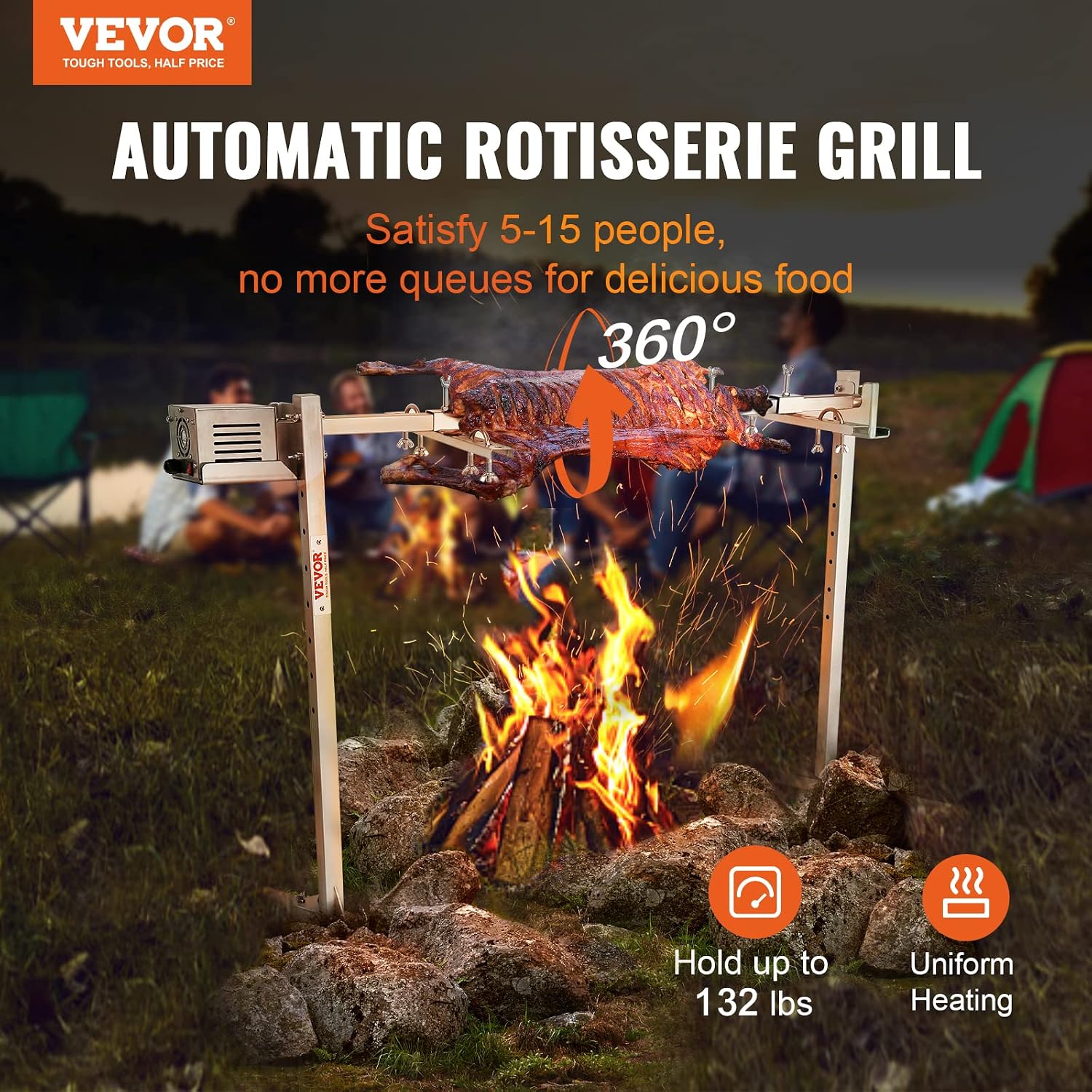 VEVOR 46' Electric BBQ Rotisserie Grill Kit, 132 lbs Capacity Heavy Duty Grilling Kit, Automatic 52W Motor and Height Adjustable Universal Roaster Stand, Stainless Steel Hexagon Spit Rod for Pig Lamb