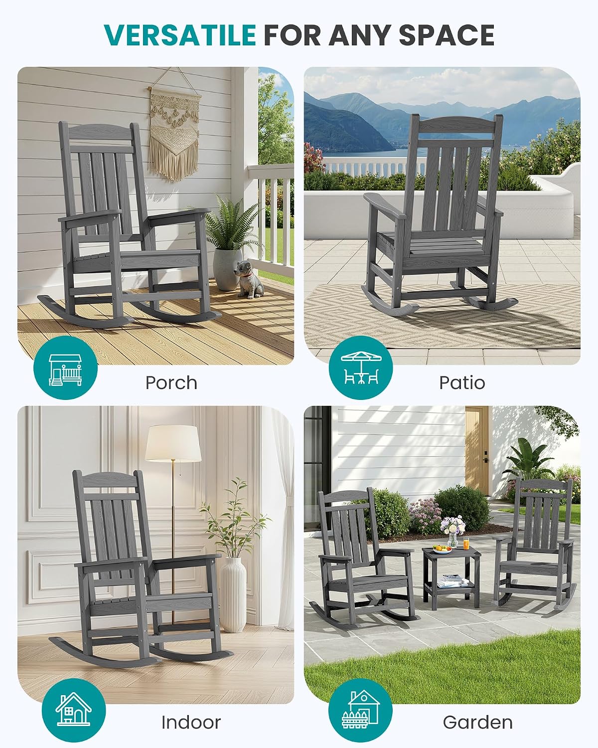 SERWALL Oversized Outdoor Rocking Chair Set of 6, HDPE Patio Rocking Chair, All-Weather Porch Rocker for Balcony, Yard, Dark Gray