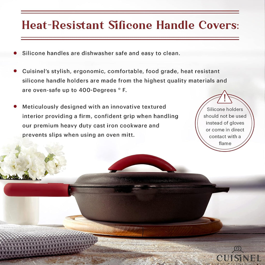 Cuisinel Cast Iron Skillets Set with Lids - 8'+10'+12'-inch Pre-Seasoned Covered Frying Pan Set + Silicone Handle and Lid Holders + Scraper/Cleaner - Indoor/Outdoor, Oven, Stovetop, Fire Safe Cookware