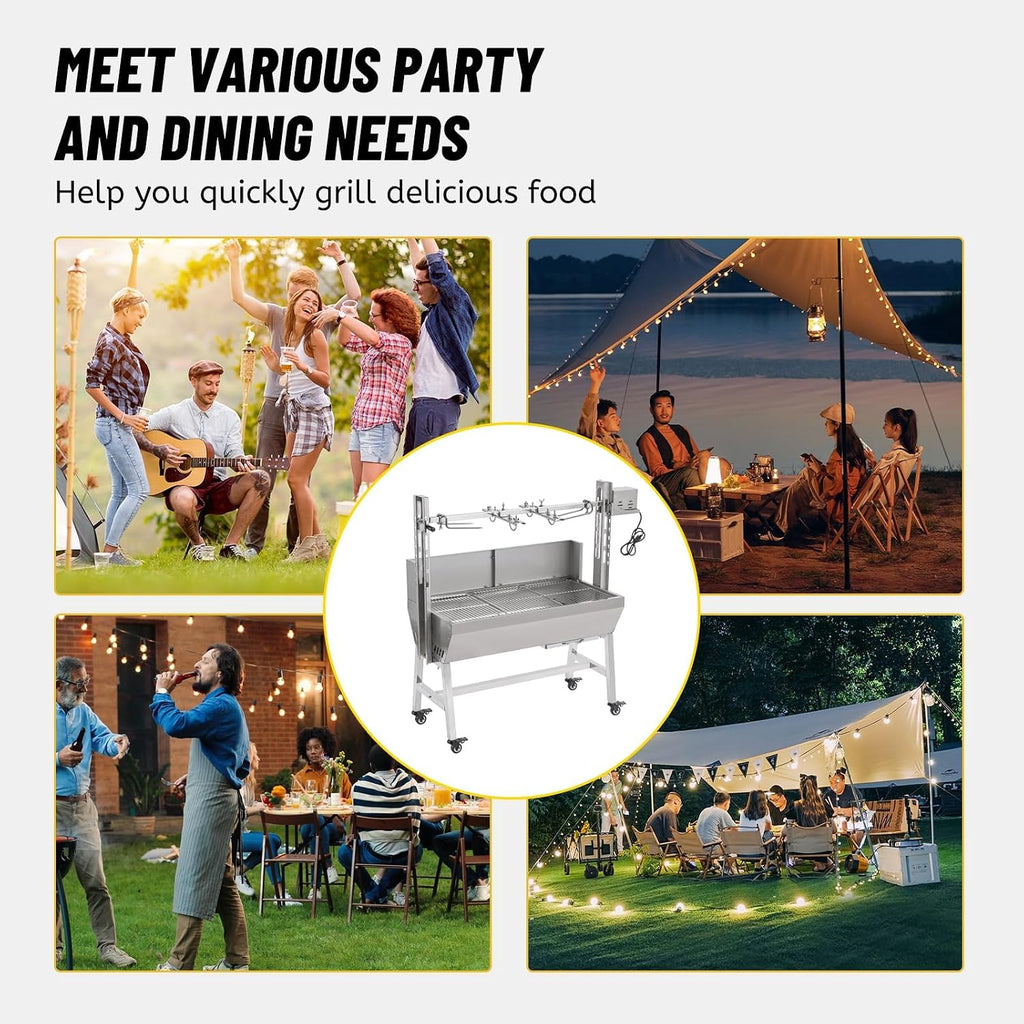 Rotisserie Grill with Back Cover Guard, 25W Motor 55 Inch Stainless Steel Small Pig Lamb Rotisserie Roaster, BBQ Charcoal Rotisserie Grill for Camping Party, Outdoor Kitchen (132 LBS)
