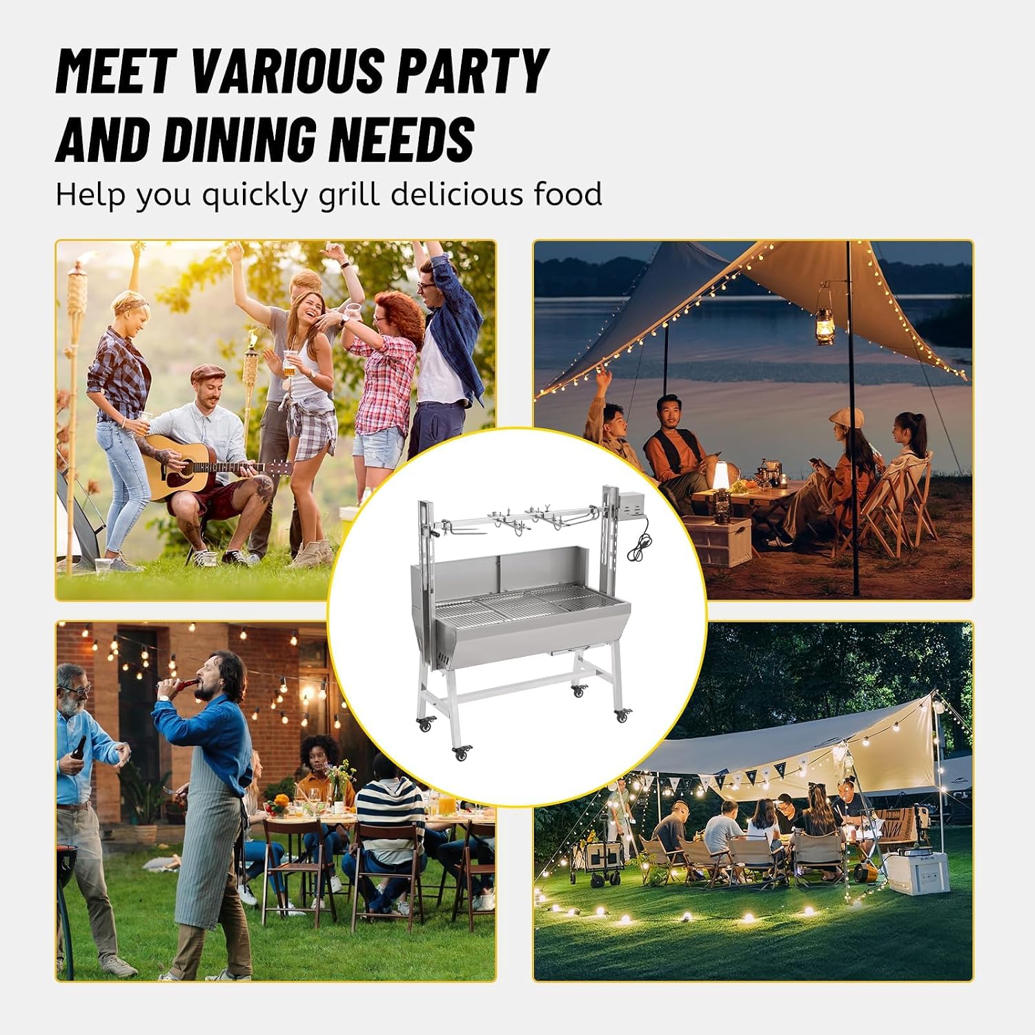 Rotisserie Grill with Back Cover Guard, 25W Motor 55 Inch Stainless Steel Small Pig Lamb Rotisserie Roaster, BBQ Charcoal Rotisserie Grill for Camping Party, Outdoor Kitchen (132 LBS)