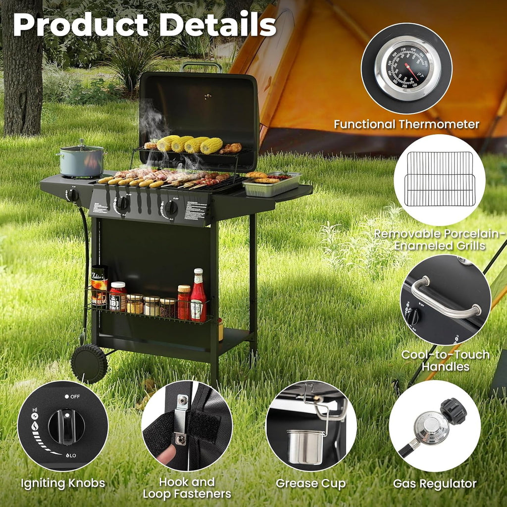 Happygrill 2 + 1 Burner Propane Gas Grill, 30,000 BTU Outdoor Cooking Grill with Storage Shelves & Porcelain-Enameled Grates, Portable BBQ Grills on Wheels w/Thermometer for Backyard, Camping & Picnic