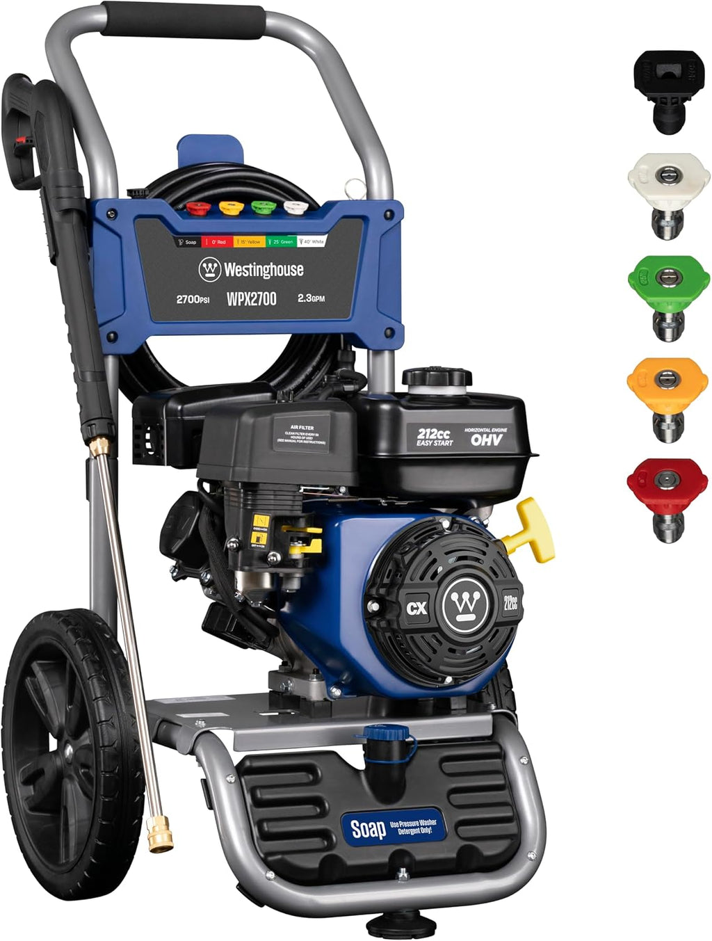 Westinghouse WPX2700 Gas Pressure Washer, 2700 PSI and 2.3 GPM, Onboard Soap Tank, Spray Gun and Wand, 5 Nozzle Set, for Cars/Fences/Driveways/Homes/Patios/Furniture