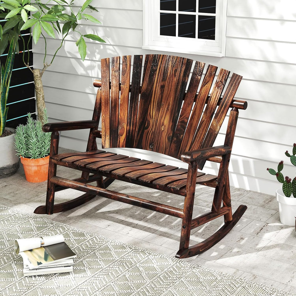 Tangkula 2-Person Wood Outdoor Rocking Chair, Outside Adirondack Rocker with High Back and Slatted Seat, Oversized Porch Rocking Chair for Balcony, Garden, Backyard, Patio