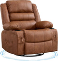 Rocking Recliner Chair for Adults PU Leather Wide 360° Swivel Rocker Recliner with Cup Holder Nursery Glider with Upholstered Deep Seat Lazy boy Chair for Living Room Brown