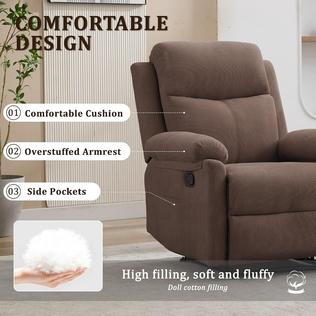 Korser Recliner Chairs, Small Recliners for Small Spaces, Manual Recliner for Adults with Side Pockets, Adjustable Overstuffed Comfy Corduroy Reclining Chair for Living Room, Bedroom, Reading, Brown