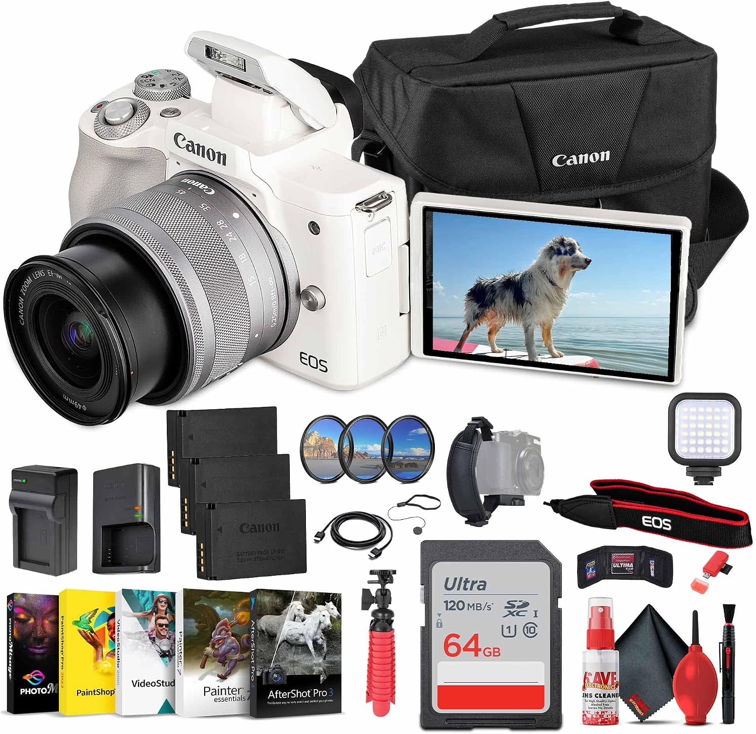 Canon EOS M50 Mirrorless Digital Camera with 15-45mm Lens (White) (2681C011) + 64GB Memory Card + Case + Photo Software + 2 x LPE12 Battery + Charger + Card Reader + LED Light + More