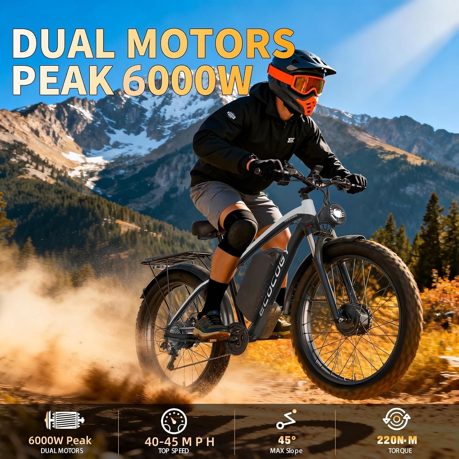 Dual Motor Electric Bikes for Adults, 6000W Peak Ebike, 52V 32Ah, Max 40-45 M P H &100 Miles E-Bike, Hydraulic Disc Brake, 26' Fat Tire Off Road Snow Mountain E-Bikes, 7-Speed Pedal Assist