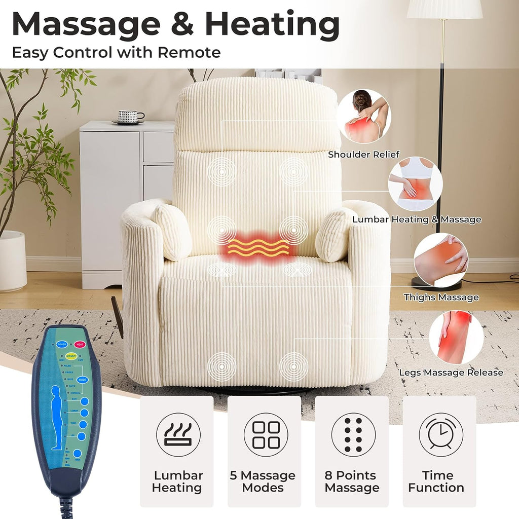 Oversized Swivel Rocker Recliner with Massage and Heat, Swivel Nursery Recliner with Adjustable Headrest, Manual Rocker Recliner Chair with Two Removable Pillows, Rocking Nursery Chair,Corduroy Beige