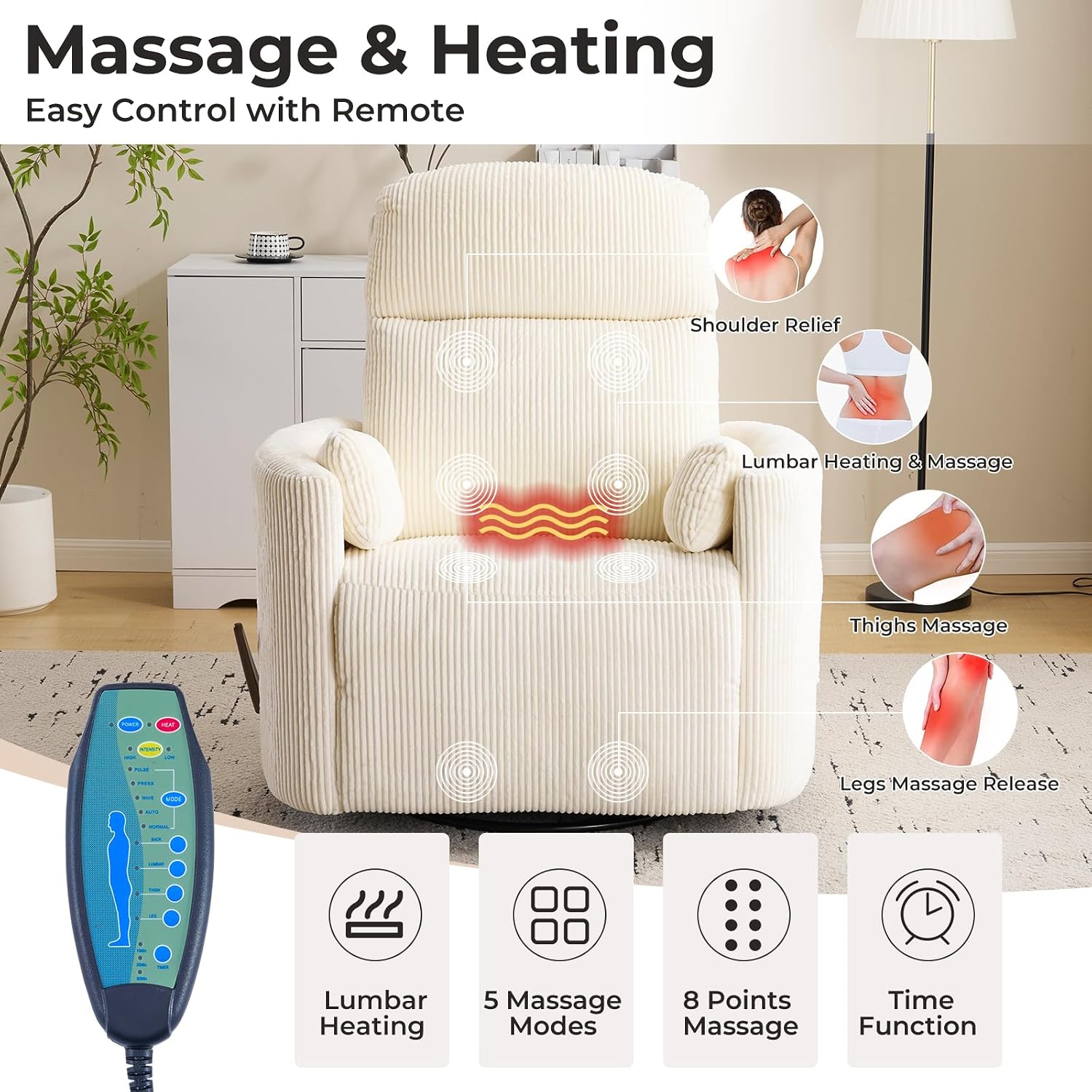 Oversized Swivel Rocker Recliner with Massage and Heat, Swivel Nursery Recliner with Adjustable Headrest, Manual Rocker Recliner Chair with Two Removable Pillows, Rocking Nursery Chair,Corduroy Beige