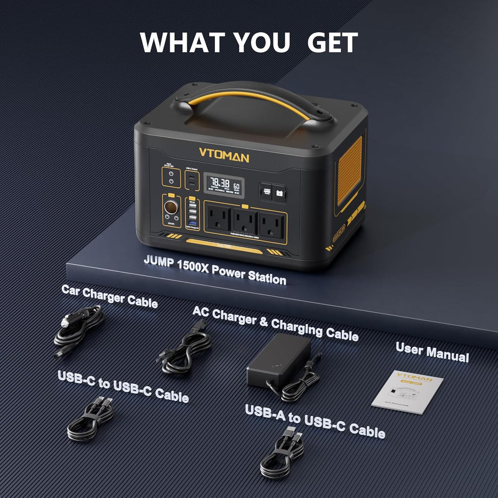 VTOMAN Jump 1500X Portable Power Station with Jump Start, 828Wh LiFePO4 Battery 1500W AC Outlets (3000W Surge) /100W USB-C Output Fast Charge, Solar Generator for for Outdoor, Camping, Outages Backup
