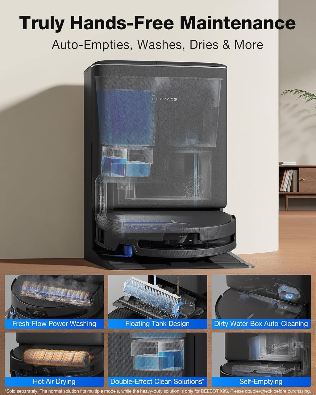 ECOVACS DEEBOT X9S PRO Omni Robot Vacuum and Mop, 30,000Pa Suction, Instant Self-Cleaning OZMO Roller Mop, TruEdge Deep Edge Cleaning, ZeroTangle, Dual-Cleaning Solution System, AI Obstacle Avoidance