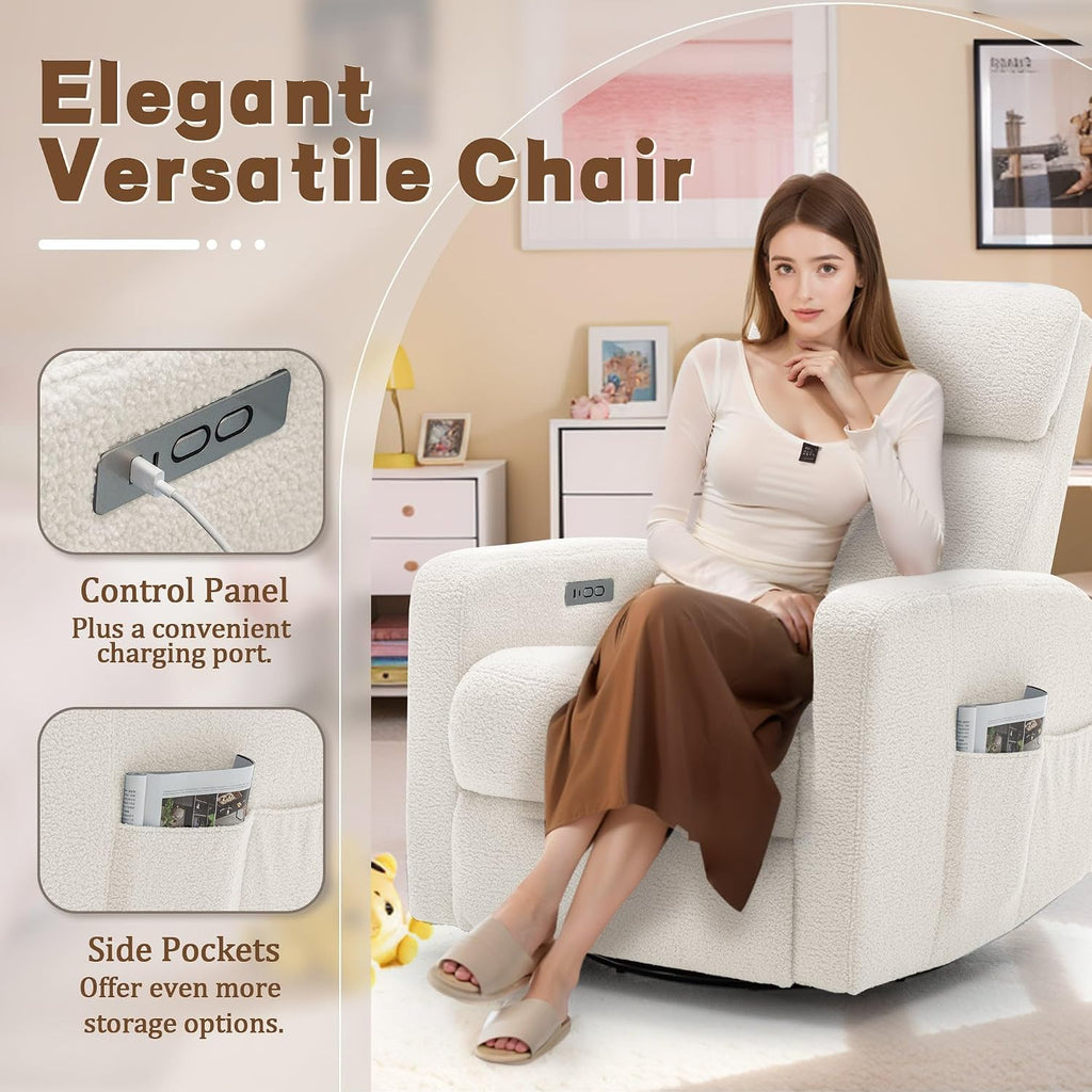 Korser Power Swivel Recliner Chairs for Adults, Electric Glider Rocking Chair Nursery, Glider Recliner Nursery Chair with Classified Side Pocket, Nursery Rocking Chairs with USB and Type-C Ports