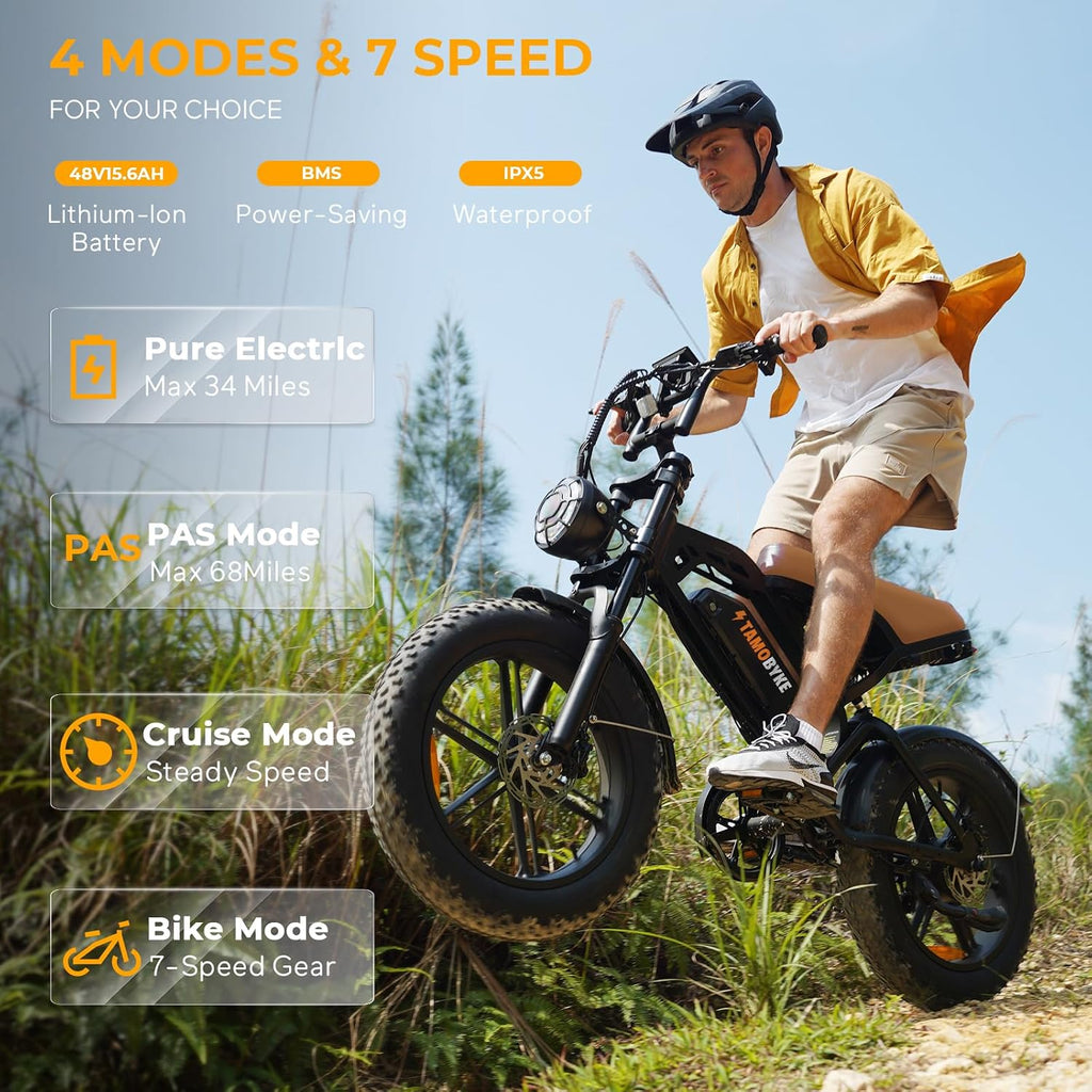 Tamobyke V20 Series Moped 750W/1500W Electric Bike for Adults,28mph/30mph/33mph Ebike&25-68Miles PAS Range,48V15.6ah/18.2ah/ (874Wh) Larger Battery, 20'' Fat Tire Electric Bike,UL 2849 Certified.