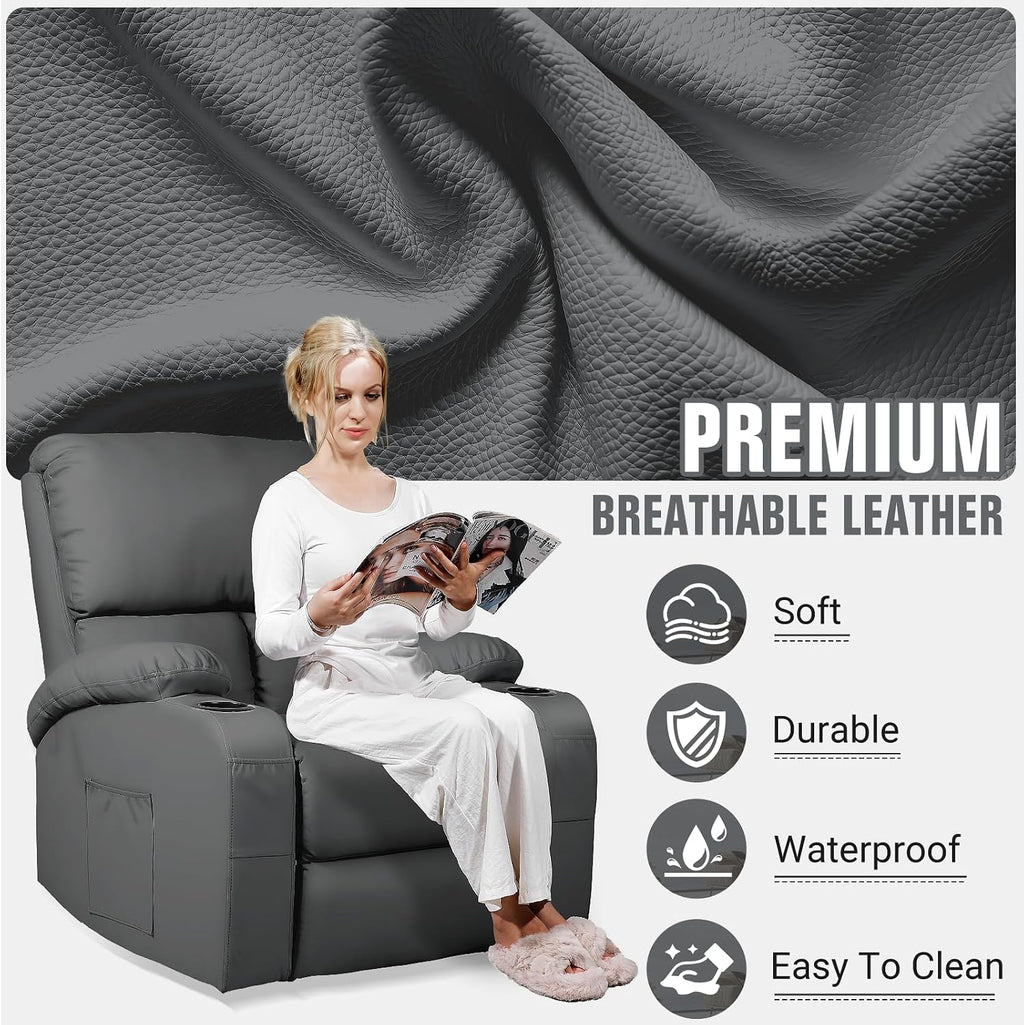 LAFWELL Rocking Recliner Chair, Massage Rocker Recliner Chair with Vibration Massage and Heat, 360° Swivel Faux Leather Chairs, Living Room, Bedroom, Nursery, RV, Dark Gery