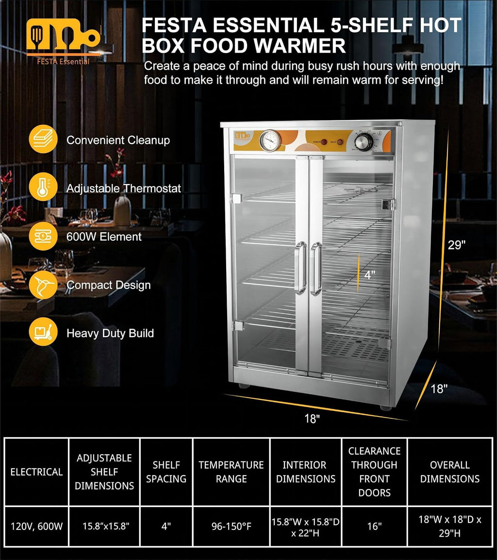 5-Shelf Electric Catering Hot Box Food Warmer Accommodating up to (10) 15' Pizza Boxes, Countertop Heated Holding Cabinet for Pretzels, Warming Machine for Home Commercial Use, 120V 600W