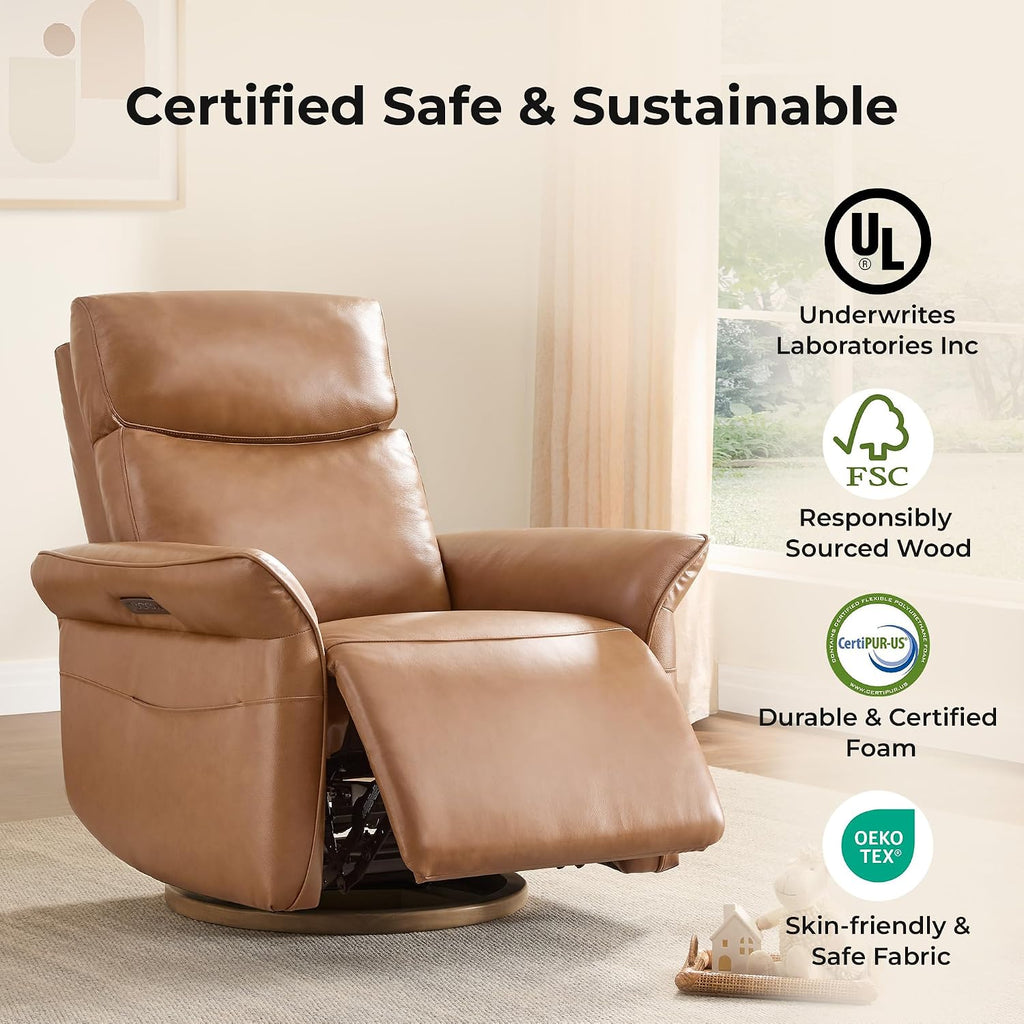 CHITA Genuine Leather Power Recliner Chair, Electric Triple-Motor Swivel Glider Nursery Rocking Chair with Adjustable Power Headrest and Lumbar Support, GREENGARD Gold Certified, Saddle Brown