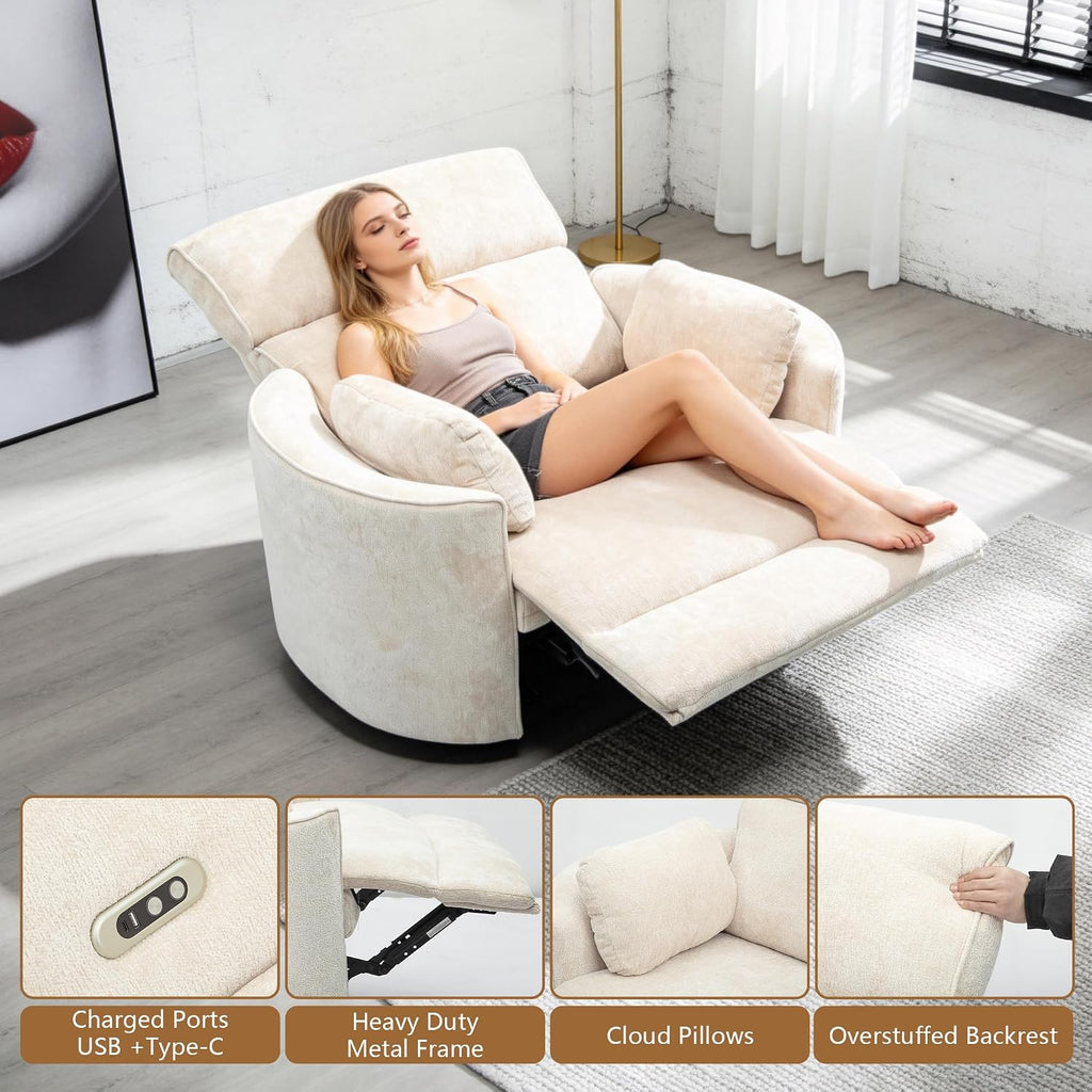 450lbs Oversized Power Recliner Chair for Big and Tall Adults, 52' Extra Wide Electric Recliner with USB & Type-C Ports, Chenille Fabric Single Sofa Chair for Living Room & Bedroom, Beige