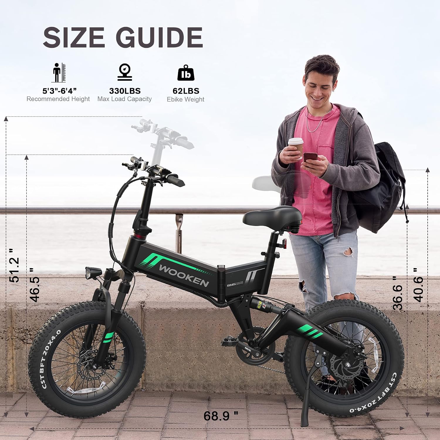 TotGuard Electric Bike,20' Electric Bike for Adults 500W Brushless Motor, 19.8MPH Fat Tire Ebike,Foldable Adult Electric Bicycles with 48V 10Ah Removable Battery,7-Speed,SGS Certified to UL 2849