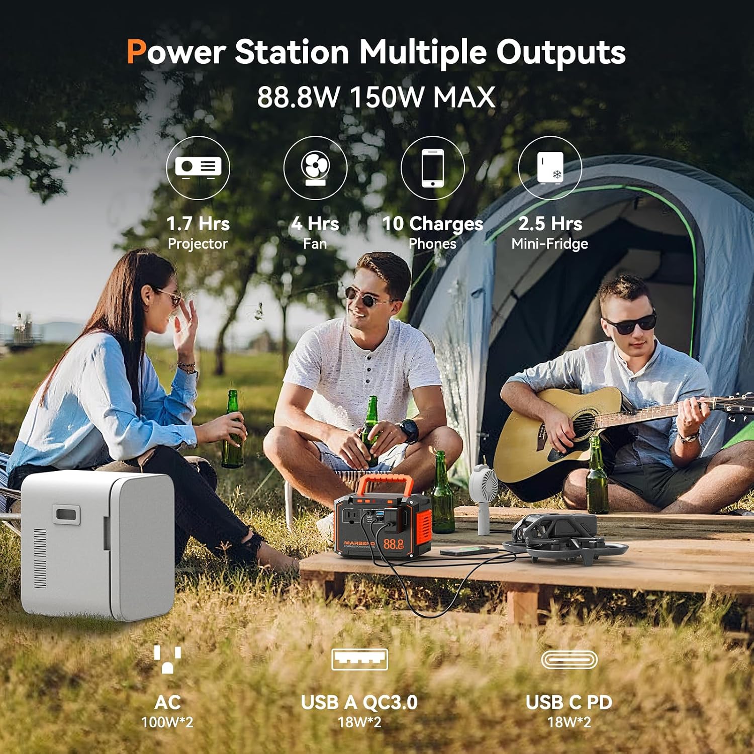 MARBERO 88.8Wh Portable Power Station with 30W Solar Panel 150W Peak Camping Solar Generator Power Bank with AC Outlet(2*AC,2*USB A, 2*USB C,) for Outdoor Travel Home Emergency Blackout Hurricane