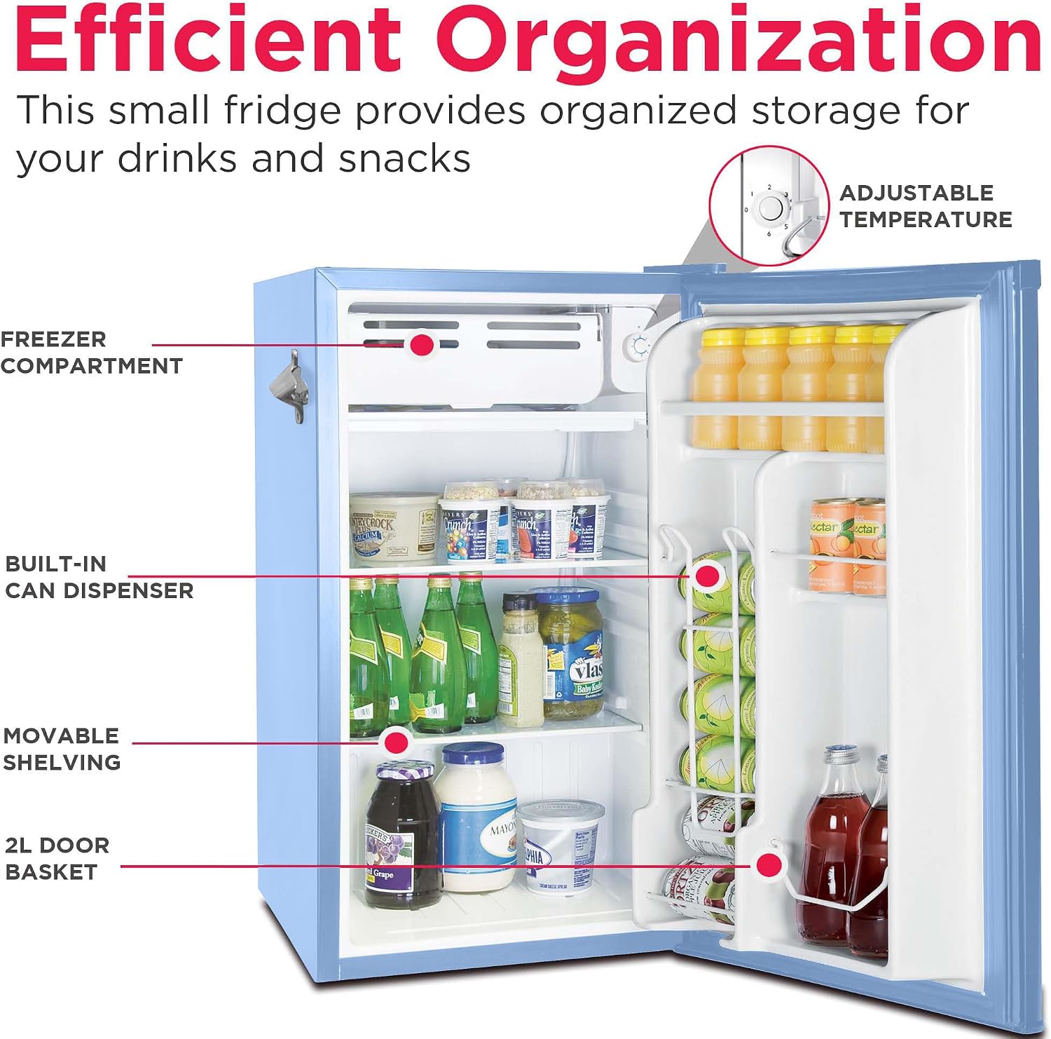 Frigidaire Retro Compact Fridge with Chiller, 3.2 cu ft Countertop Fridge with Built-In Bottle Opener, Compact Refrigerator for Office, Bedroom, Dorm Room or Cabin - 16.5' D x 19' W x 31' H (Blue)