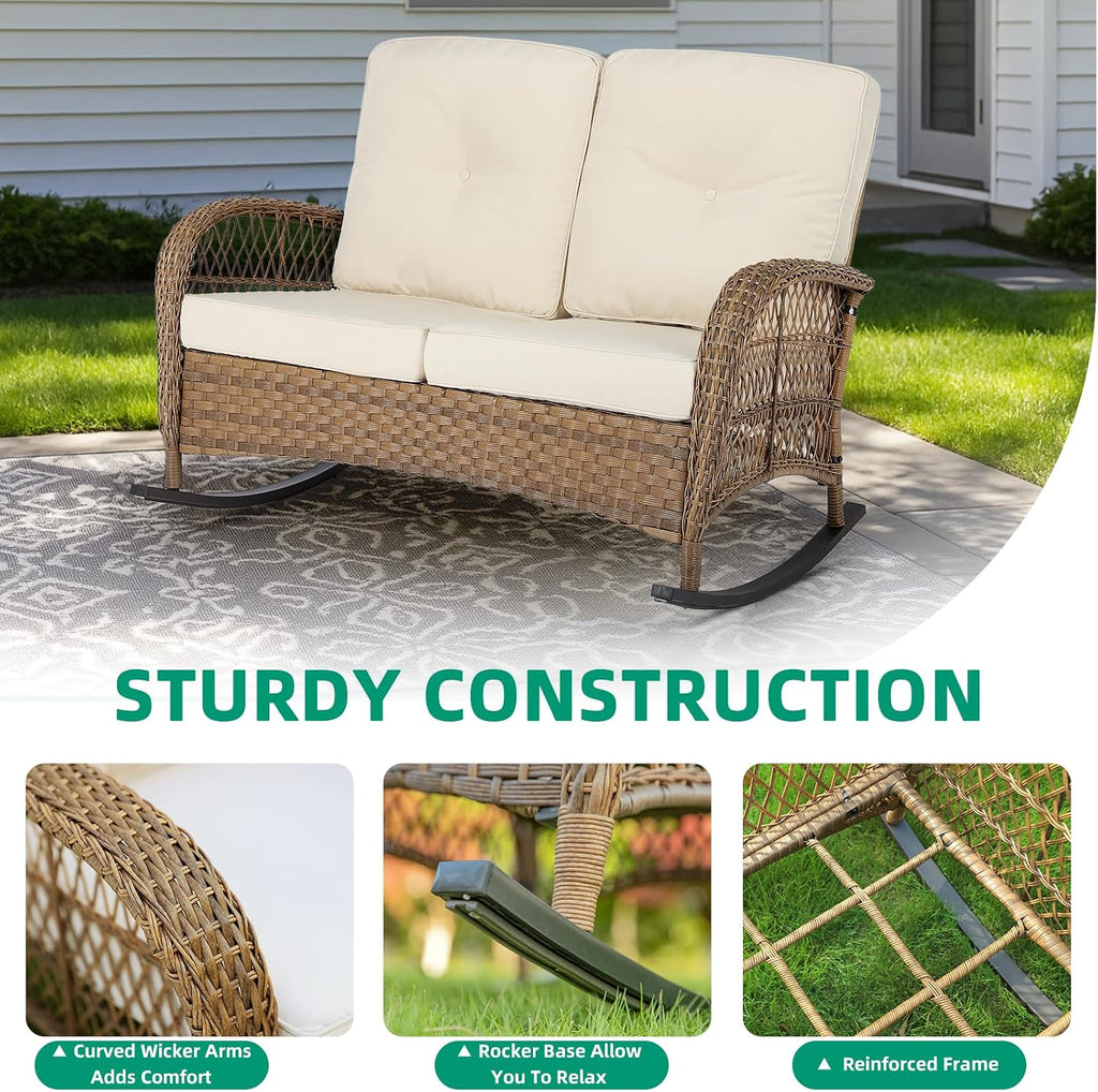 VIVIJASON Outdoor Wicker Loveseat Rocking Chair, 2-Person Patio Rattan Double Rocker Sofa with Thick Cushions, All-Weather Loveseat Rocker for Porch, Backyard & Garden