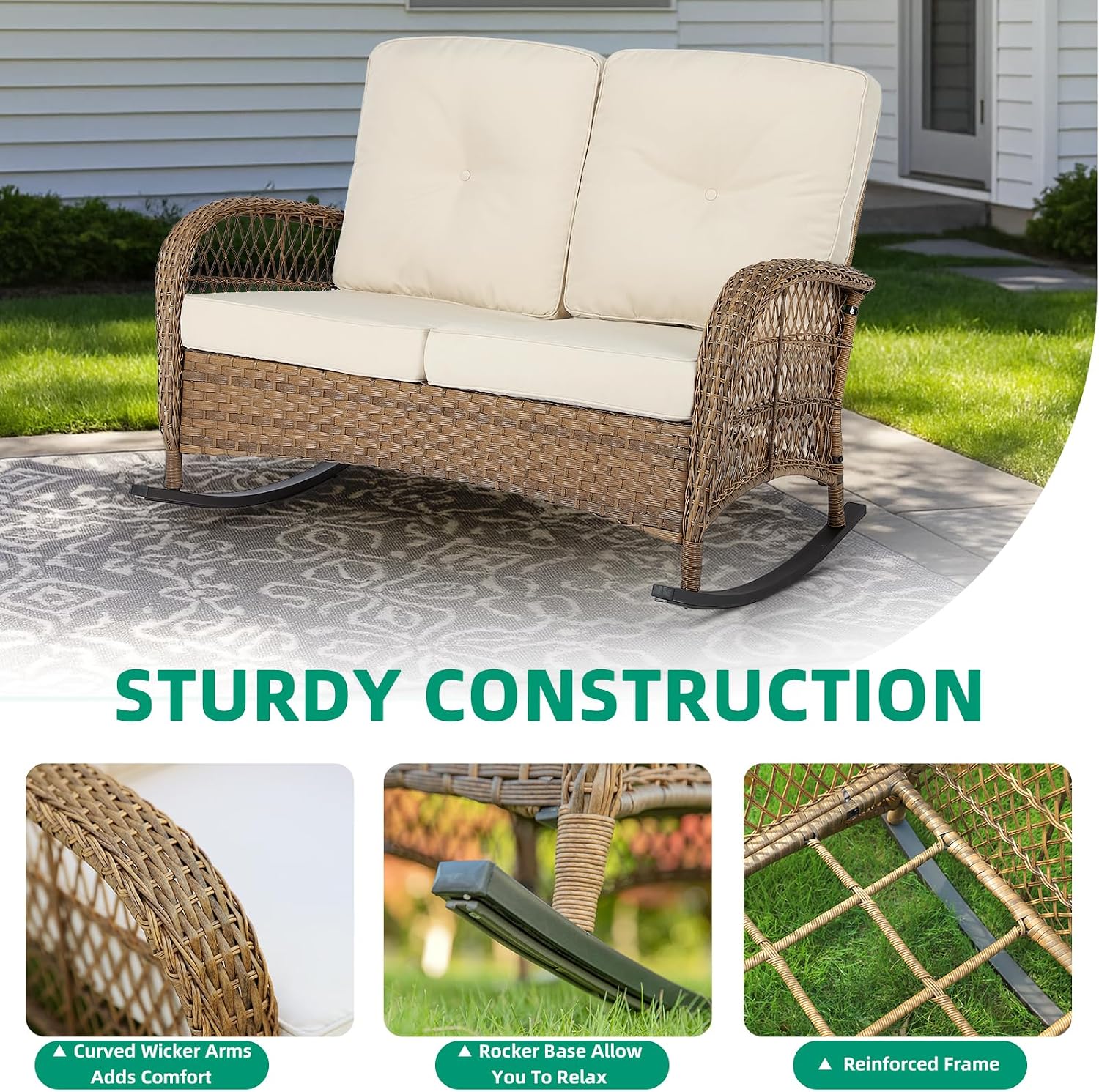VIVIJASON Outdoor Wicker Loveseat Rocking Chair, 2-Person Patio Rattan Double Rocker Sofa with Thick Cushions, All-Weather Loveseat Rocker for Porch, Backyard & Garden