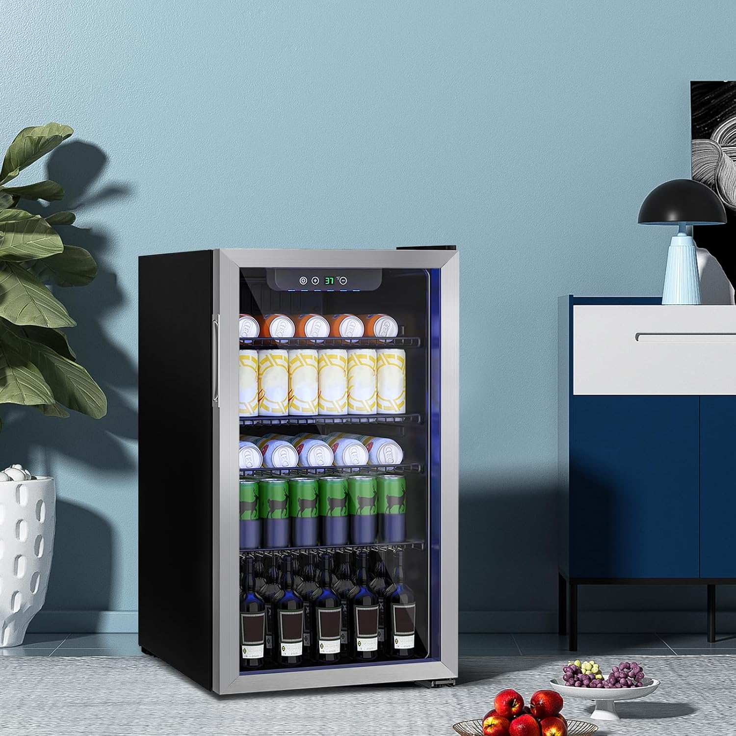 Stopasd Compact Beverage Refrigerator, 3.2 Cu.Ft/126 Can Drink Fridge with Adjustable Shelves & Glass Door for Soda Wine Beer, Quiet Undercounter Small Fridge for Home/Office/Bar/Garage,Sliver