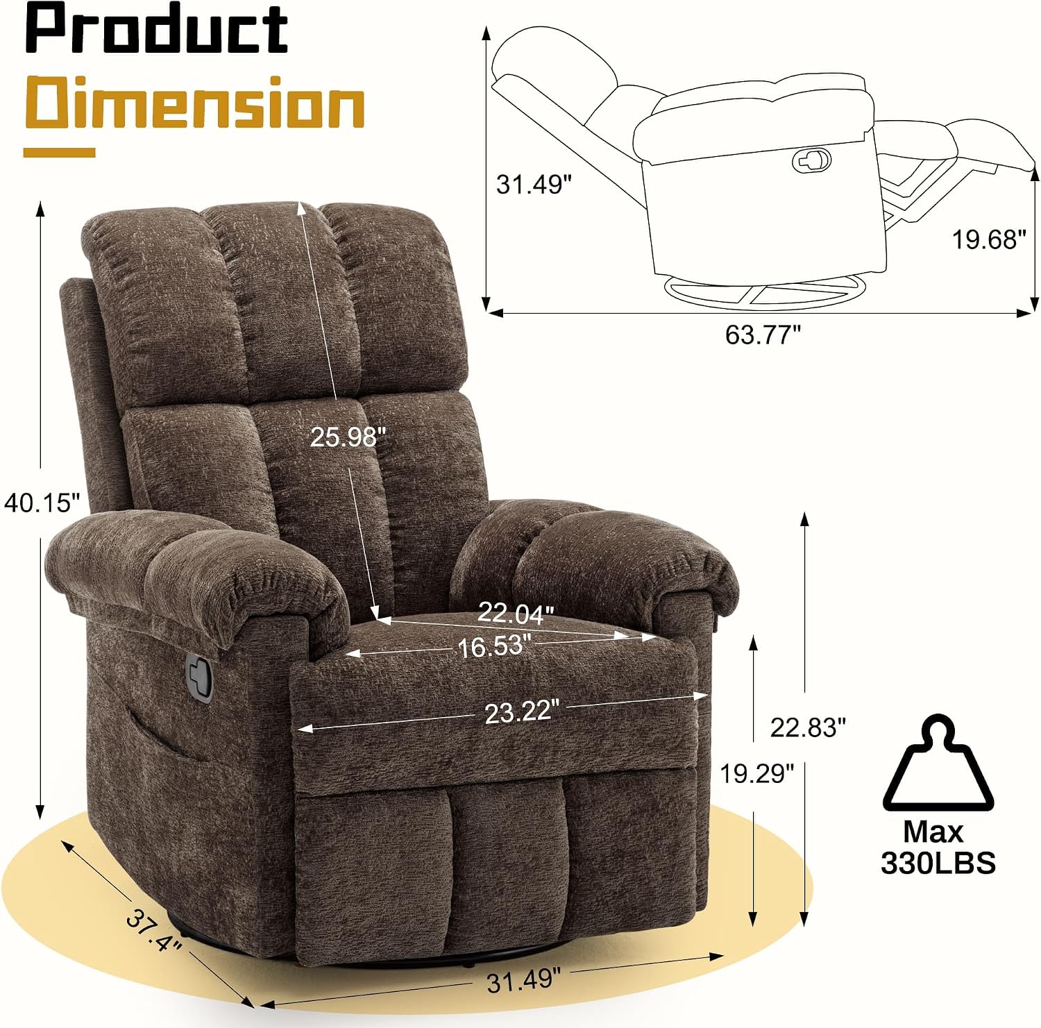 Korser Recliner Chair, Swivel Rocker Recliner Chair for Adults, Small Recliners for Small Spaces, Upholstered Manual Recliner with Side Pockets, Nursery Rocking Chair for Living Room, Chenille, Brown