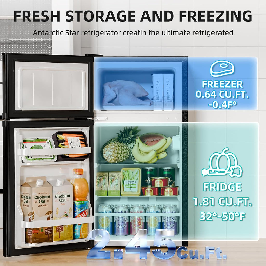 Antarctic Star Mini Fridge with Freezer, Double Door Compact Refrigerator, Adjustable Thermostat, Small Fridge for Bedroom Office Dorm Apartment,2.45 Cu.Ft,Black