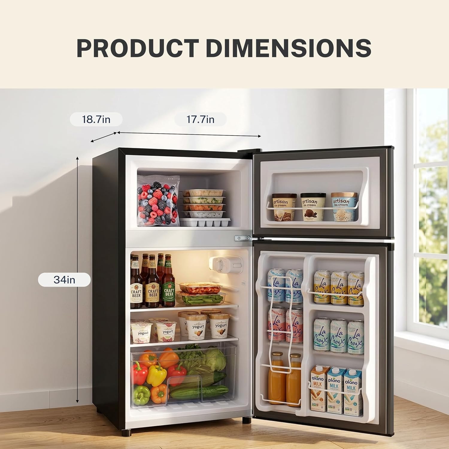 3.2 Cu.Ft Mini Fridge with Freezer, 2 Door Small Refrigerator with Adjustable Thermostat Energy-efficient Low Noise, Compact Fridge for Bedroom, Office, Dorm, Black