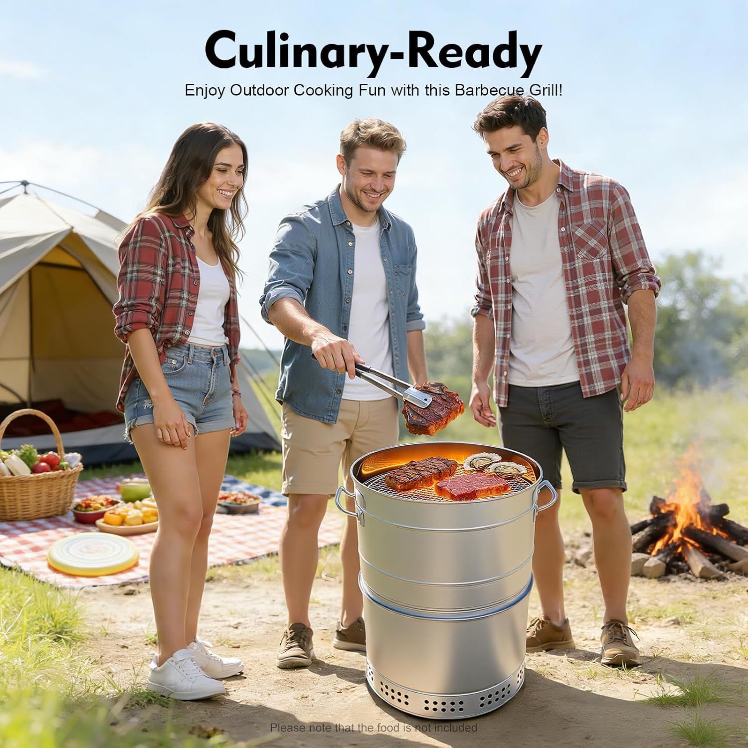 Large Portable Vertical Charcoal Grills, Stainless Charcoal BBQ Grill Barrel 360° Smokeless Outdoor with 50 Skewers for Travel, Outdoor Cooking and BBQ, Camping Picnic Patio Backyard (Large)