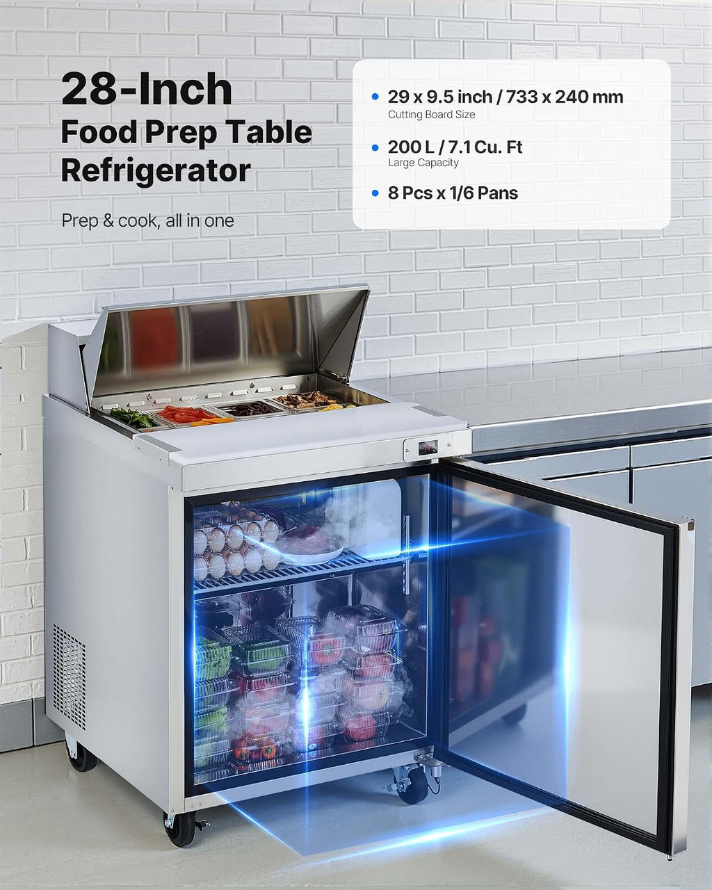 VEVOR Commercial Refrigerator, 28' W Sandwich/Salad Prep Refrigerated Table, Stainless Steel Food Prep Station Fridge with 8 Pan, for Restaurant, Bar, Shop, 7.1 Cu. Ft Refrigerator Single Door, Silver