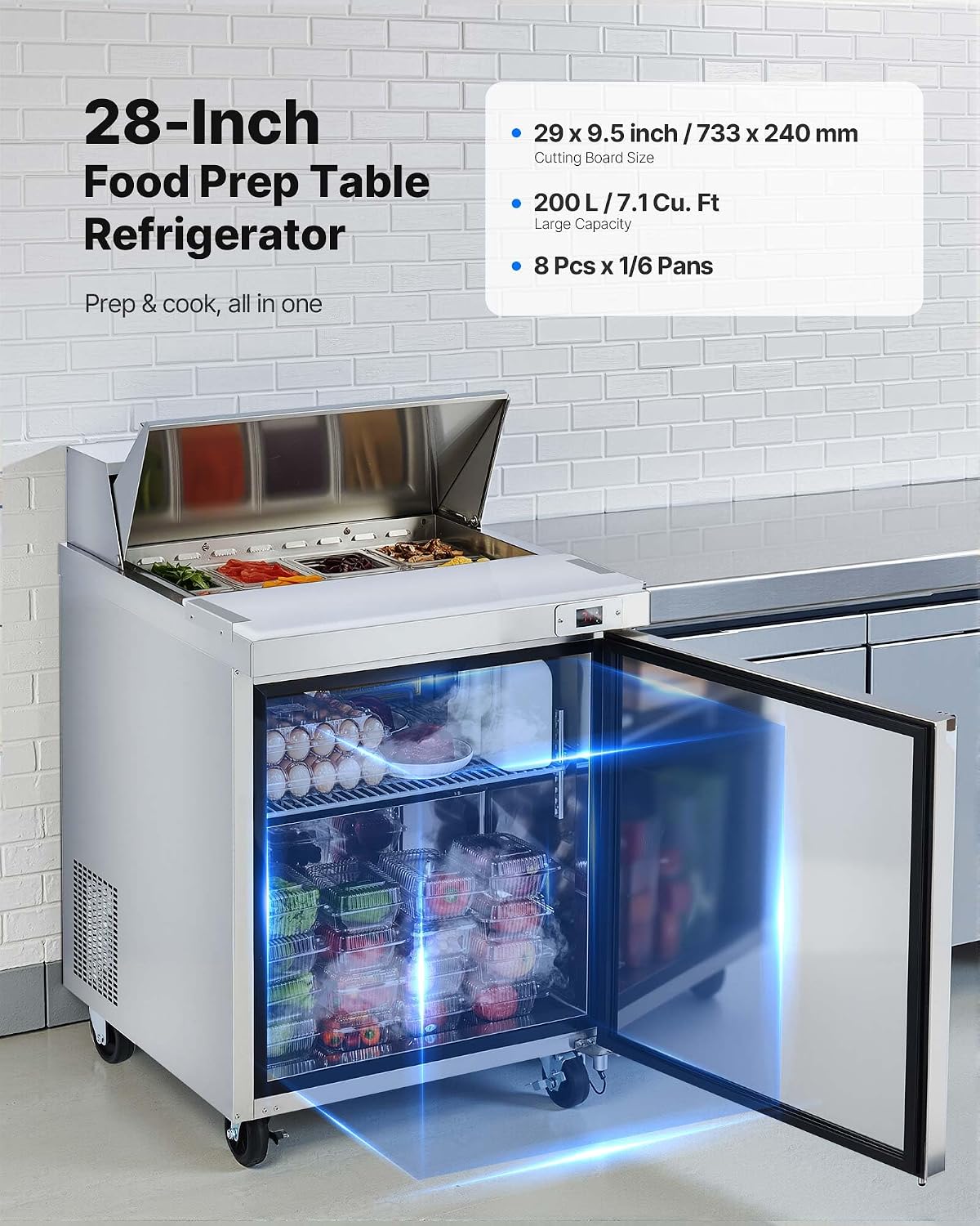 VEVOR Commercial Refrigerator, 28' W Sandwich/Salad Prep Refrigerated Table, Stainless Steel Food Prep Station Fridge with 8 Pan, for Restaurant, Bar, Shop, 7.1 Cu. Ft Refrigerator Single Door, Silver