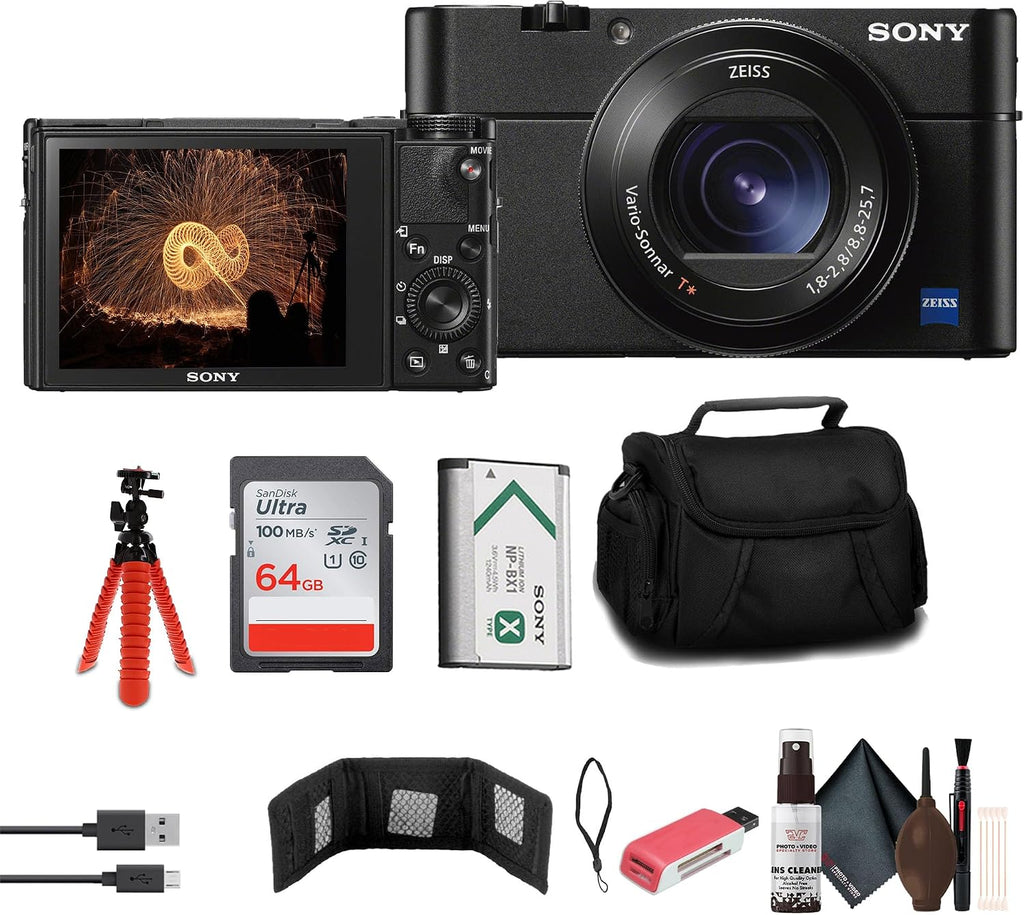 Sony Cybershot DSC-RX100 VA Premium Compact Digital Camera (DSC-RX100M5A/B) + Case + 64GB Card + Card Reader + Flex Tripod + Cleaning Kit and More