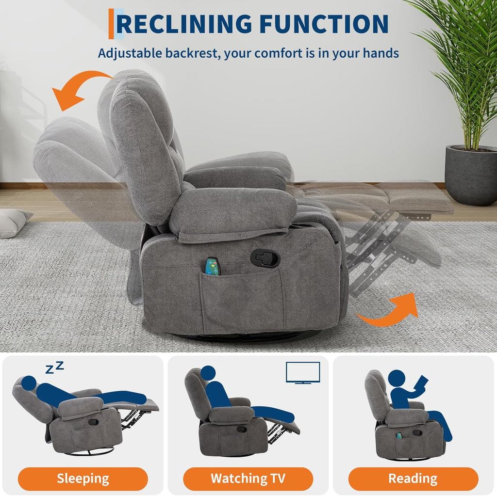 Massage Rocking Recliner Chair with Vibration and Heat, 360° Swivel Chenille Rocker Chairs for Living Room, Home Theater Seating with Cup Holders & Side Pocket for Adults, Living Room, Bedroom, Grey