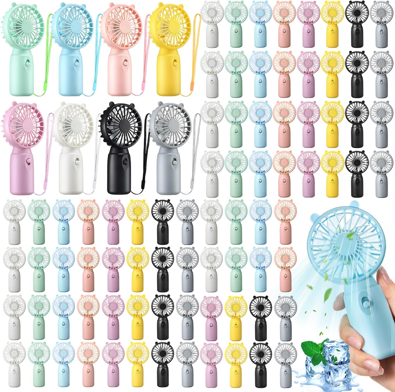 Glooglitter 80 Pcs Mini Portable Fans Bulk Handheld Battery Operated Fan with Lanyard for Makeup Eyelash, Cooling Lightweight Pocket Personal Fans for Indoor Outdoor Travel Use (8 Mixed Colors)