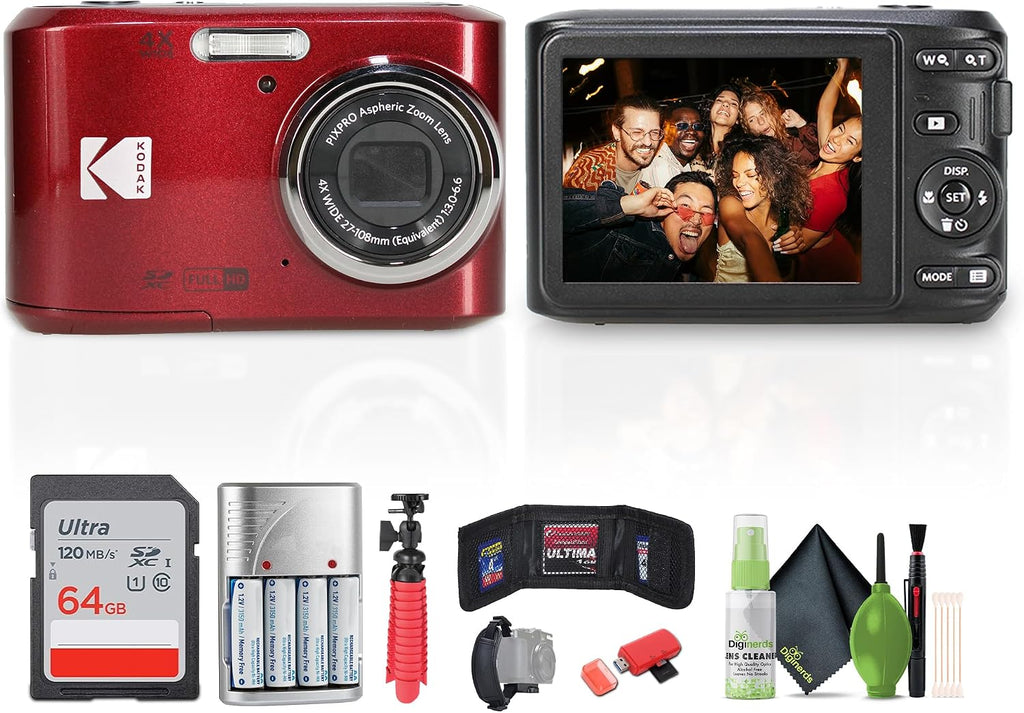 Kodak Pixpro FZ45 Digital Camera (Red) Bundle Including: 64 GB Memory Card, Rechargeable Batteries, Flexible Tripod, Card Reader, Card Wallet, Hand Strap, Full Cleaning Kit
