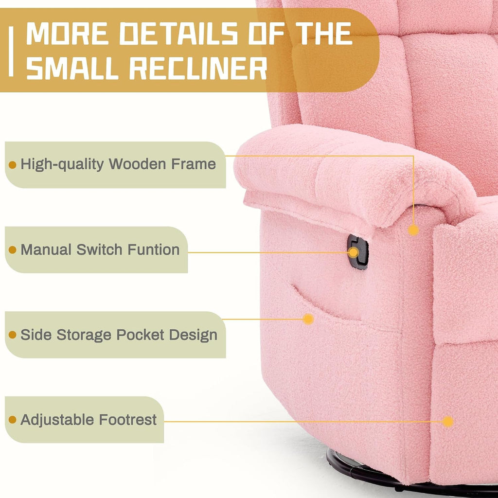Korser Recliner Chair, Swivel Rocker Recliner Chair for Adults, Small Recliners for Small Spaces, Manual Recliner with Side Pockets, Upholstered Nursery Rocking Chair for Living Room, Sherpa, Pink