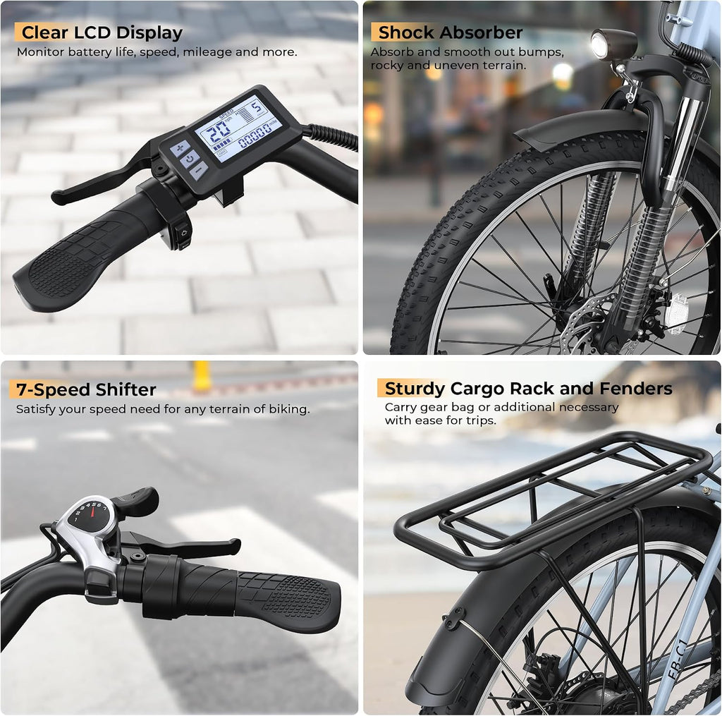 Electric Bike for Adults, Peak 1000W Ebike, 50Miles 20MPH UL 2849 Certified Commuter Bike, 26'' City Cruiser Bicycle with 48V Removable Battery, Rear Rack, Adjustable Stem, 7 Speed