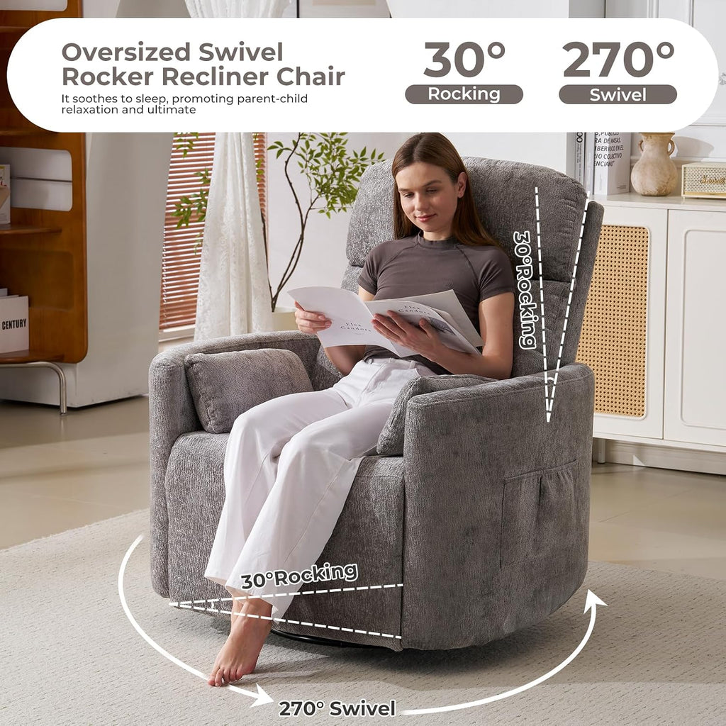 Oversized Swivel Rocker Recliner with Massage and Heat, Swivel Nursery Recliner With Adjustable Headrest, Manual Rocker Recliner Chair with Two Removable Pillows, Rocking Nursery Chair, Dark Grey