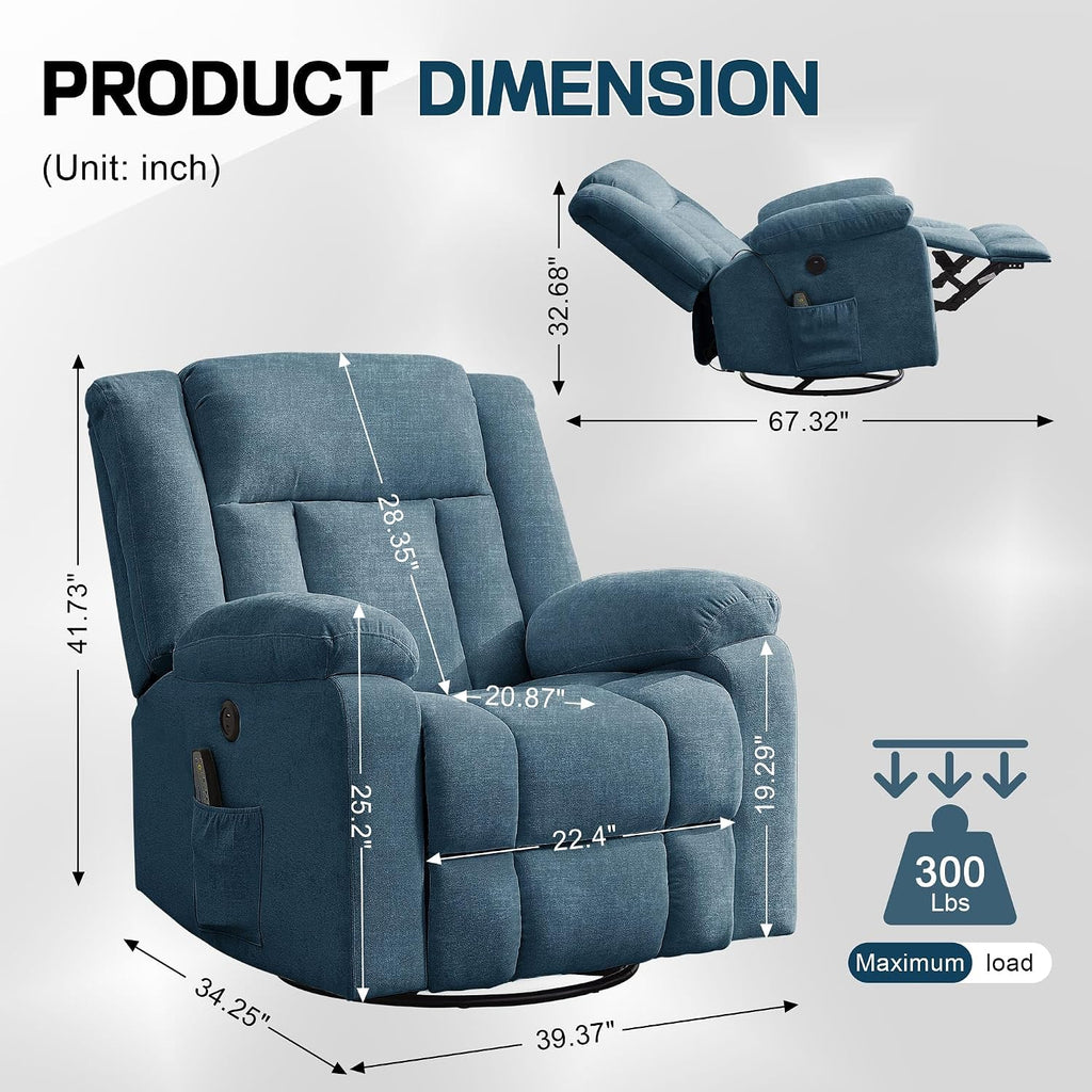 Korser Rocker Recliner, Glider Recliner Chairs for Adults, 360° Swivel Rocking Chair with Massage and Heating, Nursery Chair with Storage and USB Charging for Living Room, Bedroom, Nursery